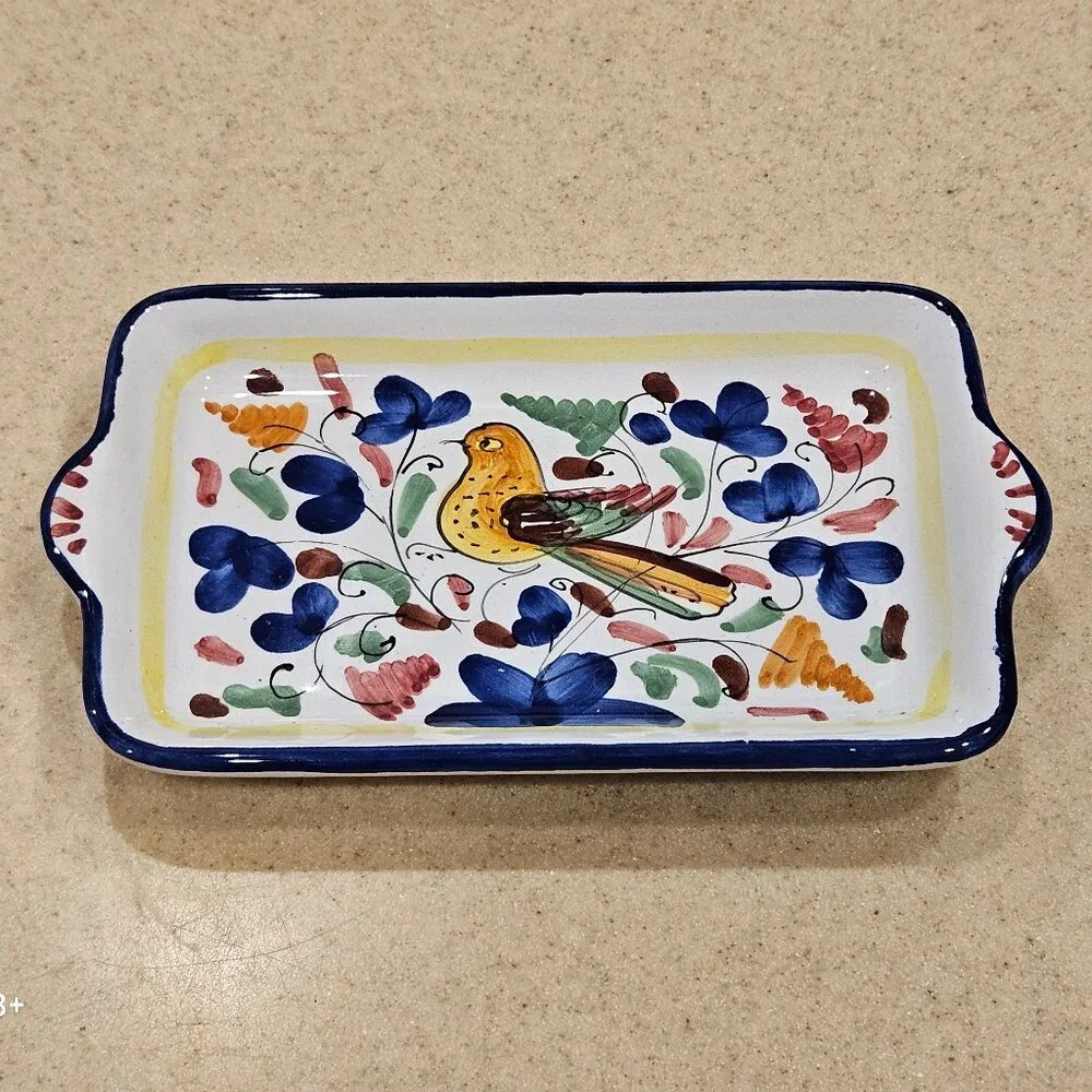 RARE VINTAGE LEONCINI ITALIAN HAND PAINTED BIRDS FLOWERS SMALL TRAY DISH PLATE